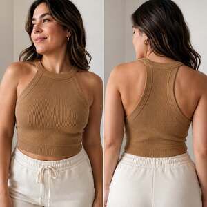 Aerie Seamless Ribbed High Neck Crop Tank Top Tan XL